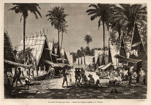 A marcha de Dobbo, na ilha de Arou, um centro portuário, animada por muitos comerciantes e construtores navais, gravada após o desenho de J.Moynet, ilustrando a viagem ao arquipélago da Malásia em 1854-1862, de Alfred Russell Wallace (1823-1913), um britân