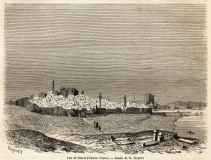 Vista de Baku (Rússia, Azerbaijão), desenho do Sr. Moynet, para ilustrar a viagem à costa do Mar Cáspio, em outubro de 1858, pelo Sr. Moynet. Gravura em "Le tour du monde, nouveau journal des voyages" Paris