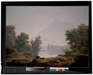 Manhã e tarde: Uma paisagem clássica com pastores, um aqueduto mais além de Jean Pierre Pequignot