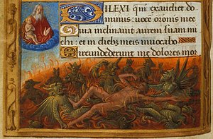 Livro de Horas, Detalhe: Mergulhos atormentados por demônios e vigiados pela alma de Lázaro, c. 1500
