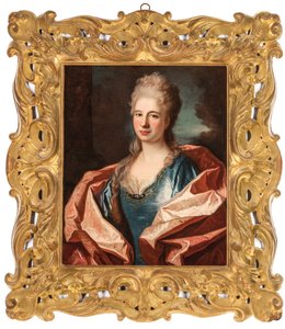 Retrato de uma senhora, comprimento do busto, em um vestido de seda azul enfeitado com renda e bordado com fio de ouro de Jean Ranc