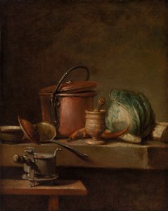 Natureza morta com panela de cobre, repolho, pilão e fogão de Jean Baptiste Simeon Chardin