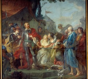 O cerco de Calais em 1347 foi a devoção de Eustáquio de São Pedro, o mais conhecido dos seis burgueses de Calais, que foram ao rei da Inglaterra Eduardo III, para implorar a graça dos habitantes de Calais (agosto de 1347). Pintura de Jean Simon