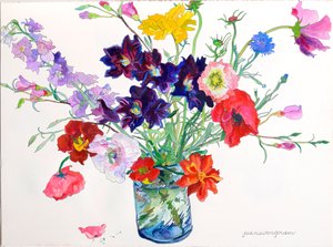 Nenúfares, papoilas e delfínios (aguarela e tinta sobre papel)