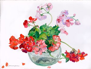 Gerânios à vontade numa taça de vidro (aguarela e tinta sobre papel) de Jean Swan Gordon