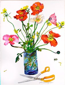 Papoilas, vaso azul e tesoura (aguarela e tinta sobre papel) de Jean Swan Gordon