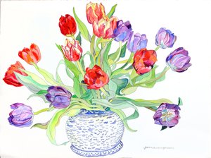 Tulipas em taça com desenho de peixe e pássaro pintado, 2006 (aguarela e tinta sobre papel)