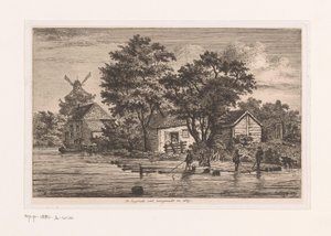 Vista do colete inglês em Antuérpia em que os troncos das árvores são coletados, edifícios e um moinho ao fundo O colete inglês concluído em 1867 (título no objeto) de Jean Théodore Joseph Linnig