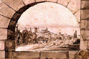 Vista da Cidade e Lago de Bracciano, c.1810 (caneta e tinta sépia com lavagem sépia sobre papel) de Jean Thomas Thibault