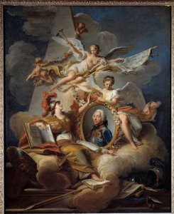 Retrato alegórico de Louis Charles Auguste Fouquet, Duque de Belle Isle, marechal da França (1684-1761). Pintura em um quadro. Pintura de Jean Valade (1709-1787) 1758 Sol. 1x0,8 m