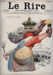A nova sala - Marianne com o rosto coberto por um boné frígio - Marianne vestida com um vestido em duas partes: uma vermelha e a outra decorada com fleur-de-lis - (O desenho animado refere-se à divisão política entre republicanos e monarquistas) - drawi
