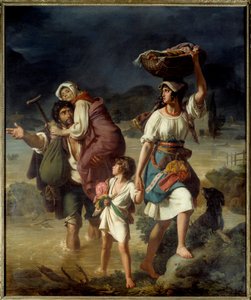 Uma família de Contadini, surpreendida por um rápido transbordamento do Tibre, foge pelas águas, chamados de camponeses do interior romano que fogem de uma enchente. Pintura de Victor Schnetz