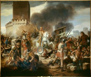 Conde Eudes (Odon) (860 - 898) defende Paris contra os normandos em 886, pintura de Victor Schnetz (1787-1870)