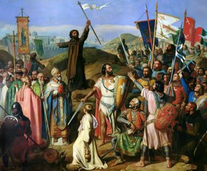 A procissão descalça dos cruzados pelas muralhas da cidade de Jerusalém, 14 de julho de 1099