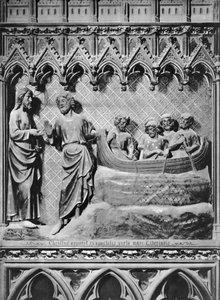 Catedral, interior, tela de coro, Jesus Cristo aparecendo no lago Tiberíades, o milagroso calado de peixes, c.1340-51 (pedra policromada)