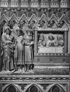 Catedral, interior, tela de coro, Jesus Cristo, aparecendo a dois discípulos na estrada para Emaús, a Ceia em Emaús, c.1340-51 (pedra policromada)