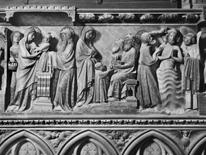 Catedral, interior, tela de coro, Apresentação de Jesus no Templo, Jesus entre os Doutores, Batismo de Cristo, c.1340-51 (pedra policromada)