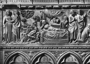 Catedral, interior, tela de coro, Visitação, Anunciação aos pastores, Natividade, c.1340-51 (pedra policromada) de Jean and Jean Le Boutellier Ravy