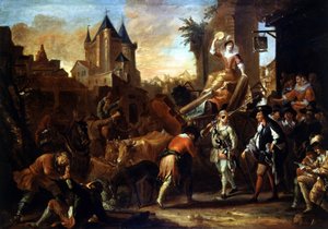 Arrivee des comediens au Mans Painting ilustrando "The Comic Roman" de Paul Scarron (1610-1660). Pintura de Jean-Baptiste (Jean Baptiste) Coulom (ou Coulon) (ca. 1695-1735)