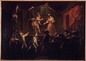 Sucessos deploráveis desta peça. Um dos jogadores de palma cuja roupa tinha sido derobe, dá uma grande raquete a La Rapiniere. Pintura ilustrando "The Comic Roman" de Paul Scarron (1610-1660). Óleo Sobre Tela de Jean-Baptiste (Jean Baptiste) Coulom (ou Co