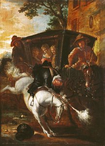 Com um mosquete nas costas, Ragotin sobe ao cavalo para acompanhar a trupe, de &39;Roman Comique&39; de Paul Scarron (1610-1660) 1712-16