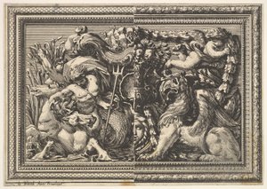 Design para um painel com duas variantes contendo um Hippocamp e um Griffin, de: Ornamentos..., 1651. de Jean le Pautre