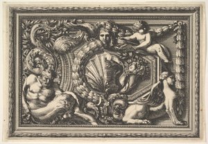 Design para um Painel com duas variantes contendo um Satyr e um Sphynx, de: Pannea..., século XVII. de Jean le Pautre