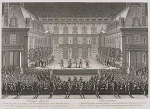 Ópera Alceste de Jean-Baptiste Lully sendo apresentada no pátio de mármore do Palácio de Versail