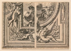 Folha com dois desenhos para decoração de teto, de "Plafons à la Romaine" de Jean le Pautre