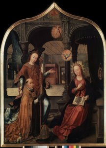 "Representação da Anunciação com o patrono São Guilherme de Bruxelas" Painel central do tryptic da Anunciação. Pintura em madeira por Jean Bellegambe o Ancião (1470-1534) São Petersburgo, Museu Hermitage