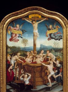 O banho místico. Aos pés da cruz na qual Cristo é crucificado, homens e mulheres banham-se numa fonte de sangue do corpo do Messias. A parte central do tríptico. Pintura sobre madeira de Jean Bellegambe, o Ancião (1470-1535) 1510-1520 Sol. 0,81x0
