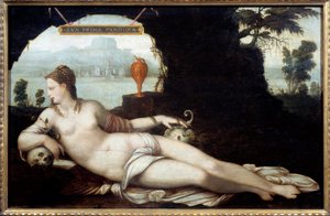 Eva Prima pandora representação de uma mulher, cruzando as características de Eva e Pandora, que todas elas trazem todo o mal à terra. Pintura (Vanita) de Jean Cousin chamado o Pai (1490-1560) Século XVI. Dim. 0,97x1,5 m.