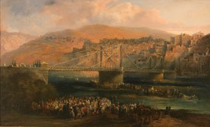 Vista da cidade de Fraga e sua ponte suspensa
