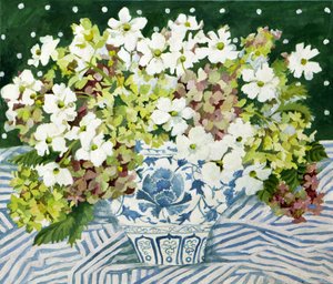 Cosmos e hortênsias num vaso chinês, 2013 (acrílico sobre tela)