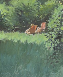 Duas senhoras a relaxar ao sol (óleo sobre tela) de Jennifer Wright