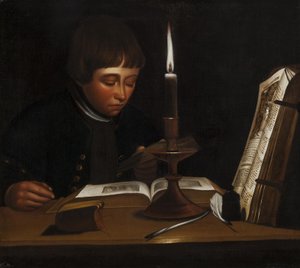 Menino lendo na luz artificial de Jens Juel