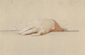 A mão esquerda descansando sobre uma mesa, segurando uma rosa