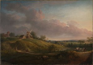 Paisagem com uma igreja e um moinho de Jens Juel