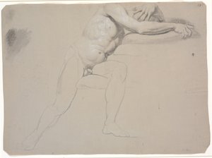 Modelo sentado, com cabeça e braços apoiados em almofadas; não terminei de desenhar de Jens Juel