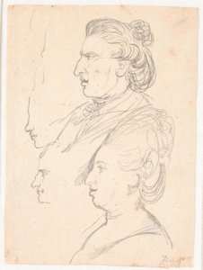 Retratos de perfil da rainha Caroline Mathilde, J.F. Struensee e Enevold Brandt, bem como um rascunho, possivelmente do próprio Juel. Todos de perfil à esquerda de Jens Juel