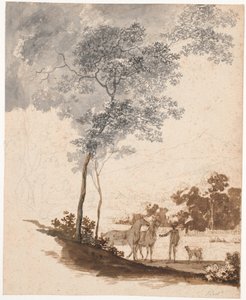 Paisagem suíça com um menino de equitação segurando dois cavalos e um par de cães; estudo para o retrato de Jean-Armand Tronchin de Jens Juel