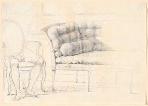 Estudo para o retrato da família Holmskiold de 1787: o sofá estofado e à esquerda uma cadeira com a figura de Holmskiold delineada de Jens Juel