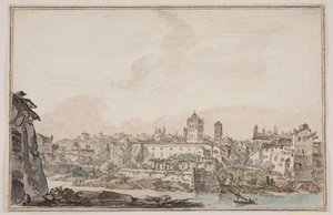 Perspectiva de vila com casas e igreja junto ao rio. Roma antiga de Jens Petersen Lund