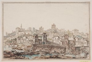 Perspectiva de vila com casas e igreja junto ao rio. Roma antiga