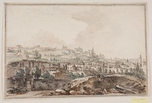 Perspectiva da cidade com casas e muro junto ao rio; ao fundo igrejas e palácios