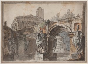 Perspectiva "romana" com ponte, ruínas do templo e estátua equestre