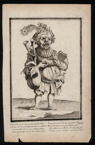 Homem carregando um conjunto de gaitas de foles e vestindo uma touca de penas de pavão, estampa de fato surrealista, c1700 (gravação) de Jeremias Wolff