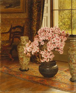 Azalea numa Taça Japonesa, com vasos chineses num Rug oriental, num Interior
