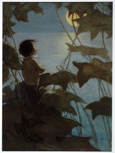 Ele olhou para a grande lua amarela e pensou que ela olhou para ele, de The Water Babies de Charles Kingsley, pub. 1916 (cor litho) de Jessie Willcox Smith