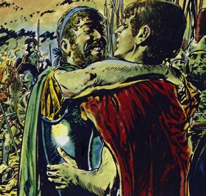 Alexandre juntou-se ao seu pai na batalha contra os gregos (litografia a cores) de Jesus Blasco